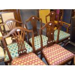 Reproduction mahogany dining room suite comprising: harlequin set of six chairs, drop-leaf pedestal