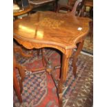 Edwardian rosewood and marquetry inlaid shaped top occasional table raised on shaped supports with