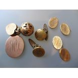 Two 9ct gold lockets, similar ball form charm, pair of cufflinks (a/f) and a pair of gold plated