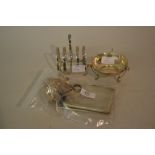 Two silver cigarette cases, silver toast rack, trinket dish and an oriental white metal cream jug