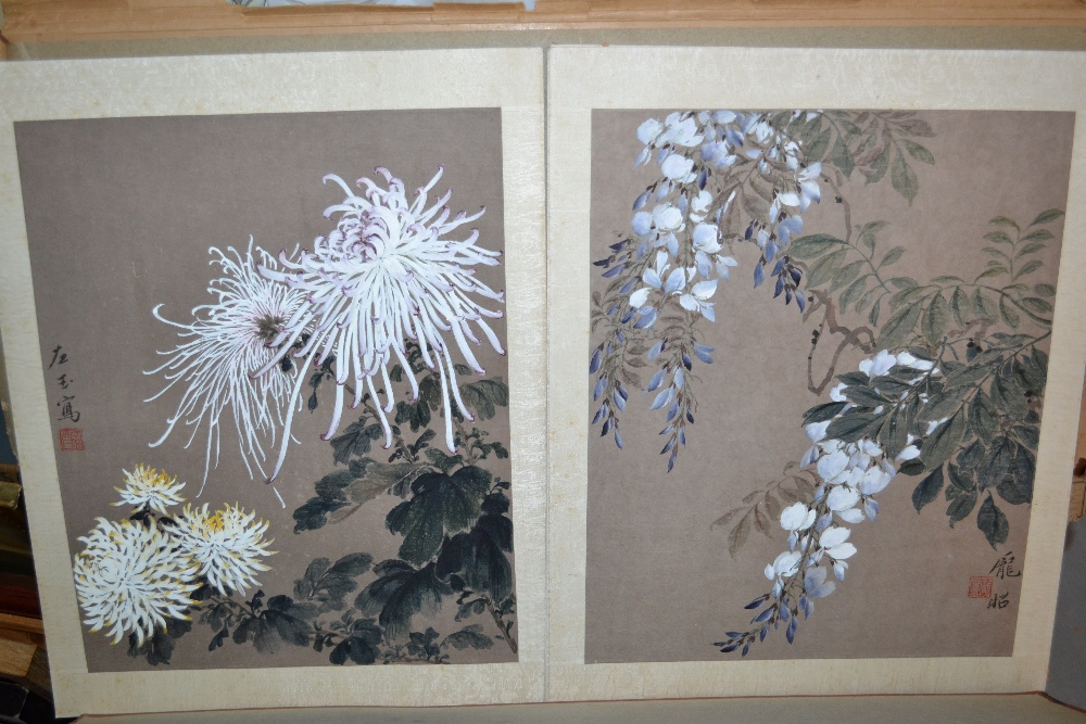 Set of four Chinese paintings, studies of various blossom and foliage, all signed and stamped with