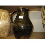 Large David Leach brown glazed pottery jug (small chip to rim)