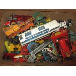 Box containing a quantity of various die-cast play worn model vehicles including: Dinky, Tonka,
