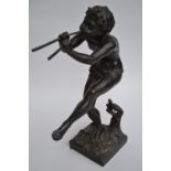 19th Century dark patinated bronze figure of a faun playing pipes after a model by Clodion, on an