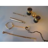 Pair of gold plated lorgnettes, cased pair of opera glasses, two propelling pencils and a cigarette
