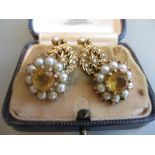Pair of 9ct gold circular citrine and cultured pearl cluster ear clips together with a pair of 9ct
