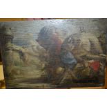 Unframed oil on panel, allegorical scene with figures by a haystack, 7ins x 10.5ins