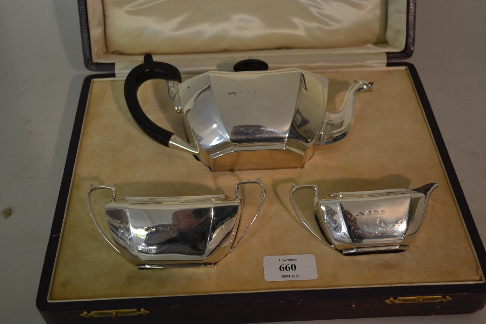 Early 20th Century silver three piece tea service by Asprey and Co. of irregular tapering octagonal
