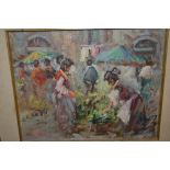 Impressionist style oil on canvas, figures at a Continental street market, 9ins x 11.5ins