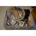 Three piece plated tea service, plated salver, bread basket and other items