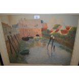 Fritz Thaulow, signed etching, canal scene with boats and mill house, 17.5ins x 22.5ins