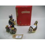 Royal Doulton Bunnykins figure postman with bike, together with a Royal Crown Derby paperweight in