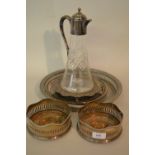 Pair of Birmingham silver mounted wooden bottle coasters, two plated salvers, a tray and a glass