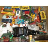 Box containing a quantity of mixed Dinky, Corgi and other die-cast play worn vehicles