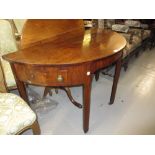 George III mahogany half round side table, the plain top above a shaped frieze incorporating two