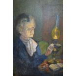 W. Eveleigh, 20th Century oil on board, lady seated beside a table with an oil lamp, signed, 21ins