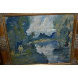 Attributed to R.O. Dunlop, oil on board, figures in a landscape, signed Dunlop, 10ins x 12ins, gilt