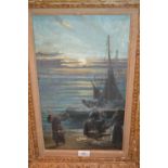 Late 19th Century oil, quayside scene at sunset with figures unloading the days catch, 17.5ins x