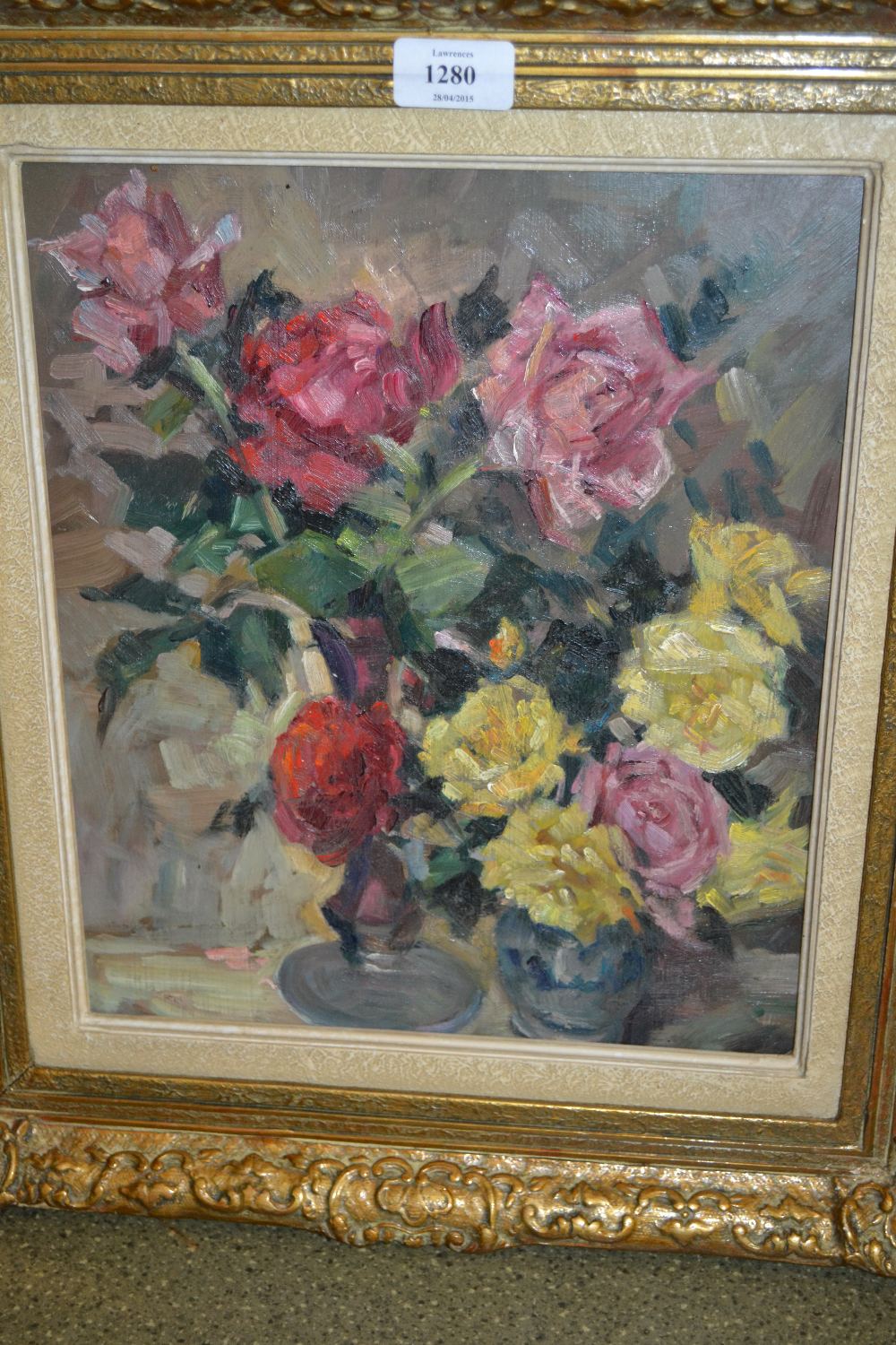 Oil on board, study of two vases with roses, inscribed C. Felkel verso, 13ins x 11ins