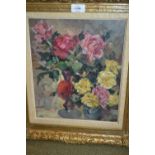 Oil on board, study of two vases with roses, inscribed C. Felkel verso, 13ins x 11ins