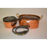 Small oval copper two handled cooking pan, two copper iron handled cooking pots with lids and a