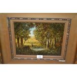 19th Century Continental oil on canvas, figure by a woodland lake, signed Visconti, 9ins x 11.5ins