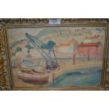 Naive style oil, harbour scene with boats and crane, together with an oil of a Cornish fishing