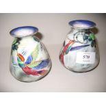 Pair of early Burleigh Ware squat lustre humming bird decorated vases, 3.75ins high