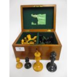 Jaques of London, boxwood and ebony Staunton chess set in original mahogany box with fragment of