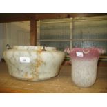 Opaque mottled glass hanging lamp shade and a pink and white mottled glass shade