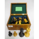 Jaques and Son Staunton pattern ebony and boxwood chess set in original mahogany box with label,