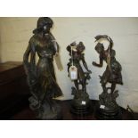 Brown patinated spelter figure of a girl ' Mignon ', together with a pair of French patinated