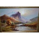 Attributed to F.E. Jamieson, oil on board, Highland river landscape at sunset, 11ins x 17.5ins