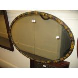 Oval barbola type wall mirror together with a chequer inlaid wall mirror