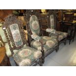 Set of three (one plus two) 19th Century carved oak dining chairs with padded backs and grape vine