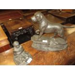 Bronzed composition figure of a labrador dog, together with a similar figure of a child