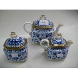 Early 20th Century Derby Lily pattern three piece individual tea service decorated in blue and