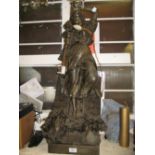 Large 19th Century spelter figural lamp base of a mother with child on a roof, with Tiffany style
