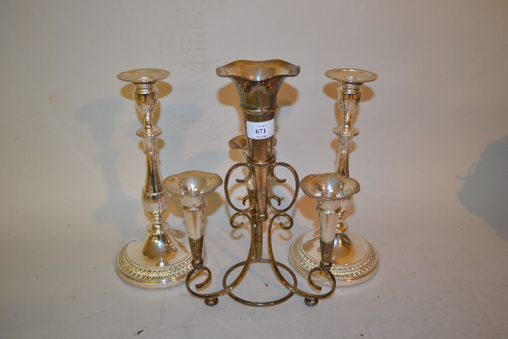 Silver plated epergne and a pair of silver plated candlesticks