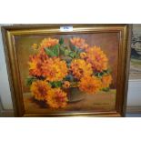 Two framed oils, marigolds in a vase and study of sunflowers in a garden
