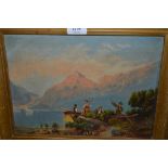 19th Century oil on canvas, Highland loch scene at sunset with figures by an open boat, 9ins x