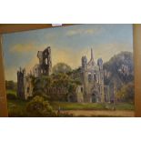 19th Century oil, landscape with children by abbey ruins, 13.5ins x 19.5ins