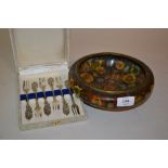 Cloisonne floral decorated low bowl together with a set of six Continental 800 standard silver