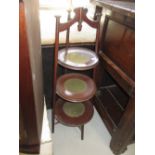 Circular mahogany three tier cake stand, a bed table, firescreen and a standard lamp