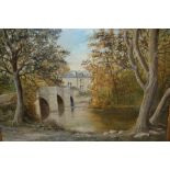 Reg Collins, oil on canvas, view of a river with stone bridge and distant house, gilt framed, 22ins