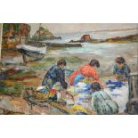 Indistinctly signed oil on canvas, figures and moored fishing boat at Iles de Braehat, Brittany,