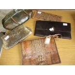 Ladies green lizard skin vintage handbag, two snake skin clutch bags, an alligator skin bag and