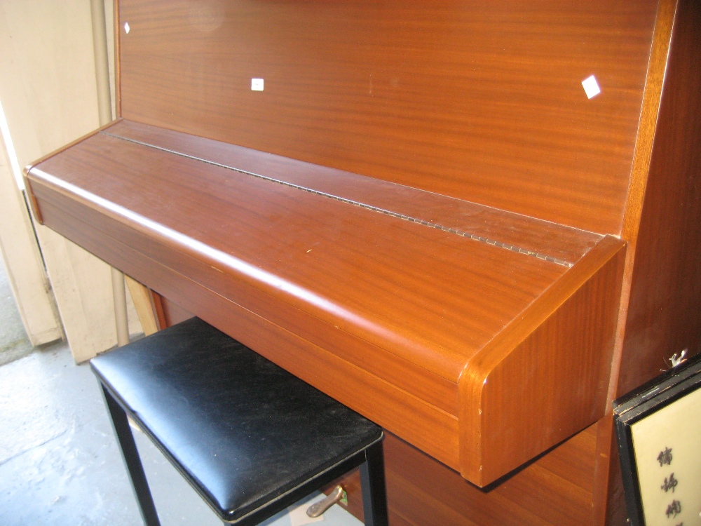 Modern mahogany cased upright piano by Danemann together with a box seat piano stool