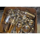 Large quantity of miscellaneous silver plate including: three cocktail shakers, two entree dishes,