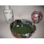 Chinese Canton jar and cover, a Japanese Imari vase and a Japanese pottery bowl decorated with
